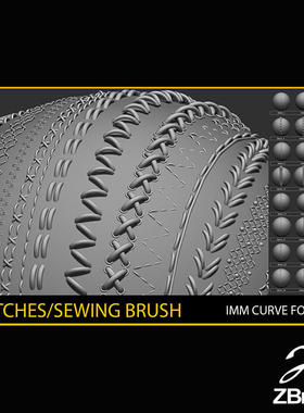 Zbrush 30组缝线针脚缝纫IMM曲线笔刷