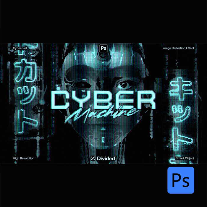 PS 赛博科技感风格化失真后处理效果PSD模板文件Cyber​​ Machin