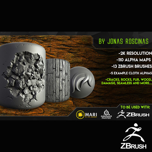 Zbrush 100+风格化岩石皮毛裂缝木纹ZBP笔刷Alpha通道贴图