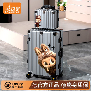 袋鼠全pc材质行李拉杆箱结实耐用加厚男高级感银色静音轮密码24寸