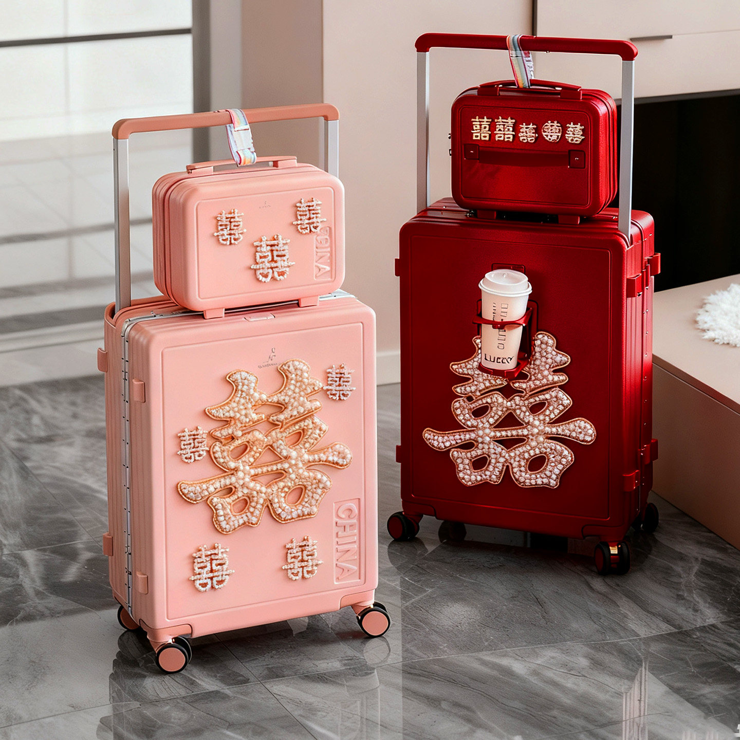 袋鼠红色行李箱子母箱新婚陪嫁女婚礼结婚粉色密码拉杆皮箱子喜红