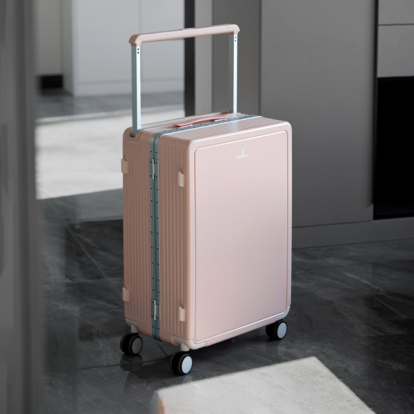 袋鼠高品质旅行行李拉杆箱可上飞机20寸登机女铝框可坐人密码粉色