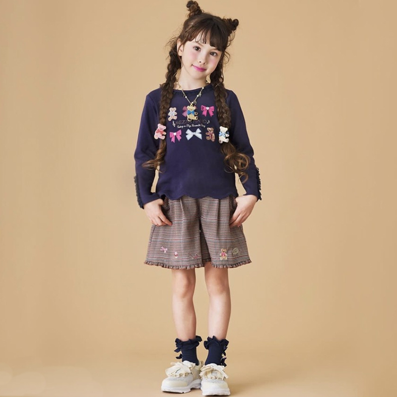 日单贵牌钢琴mp 女童刺绣短裤 千鸟格花苞腰短裤