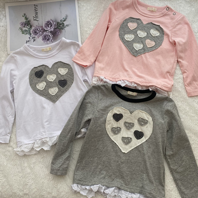 KP纯原长袖T恤 超舒适 贴布爱心图案 蕾丝衣摆 纯棉面料