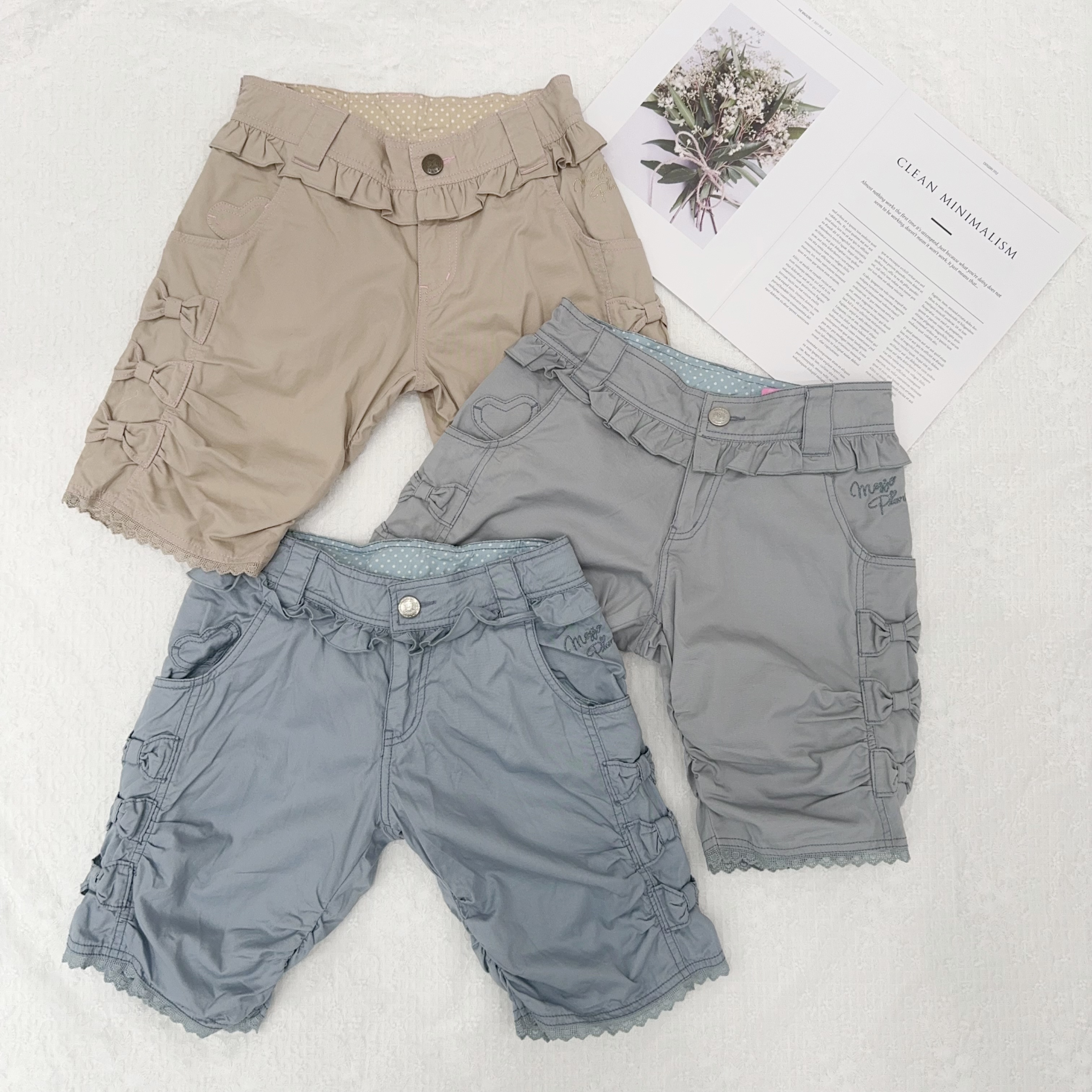 日本原单MP琴家纯棉短裤蝴蝶结蕾丝边抽褶五分裤