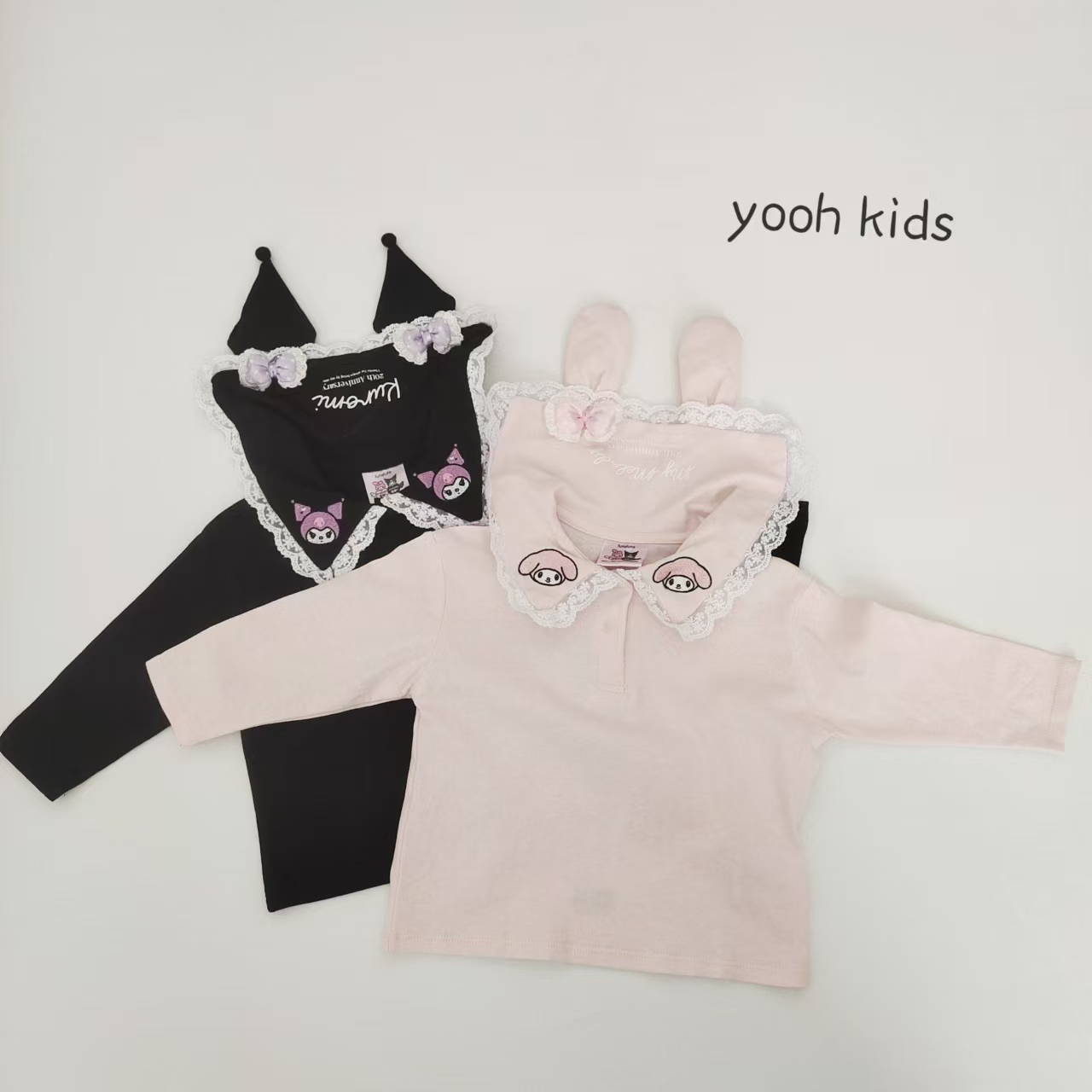 纯原日单2025新款纯棉蕾丝边蝴蝶领大翻领长袖T恤上衣卡通刺绣