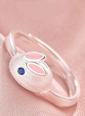 S925银小白兔戒指女本命年生肖兔小众设计感兔子指环食指开口戒