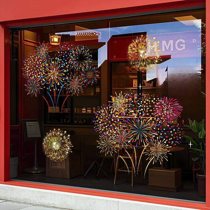 2026新年圣诞节卡通烟花装饰玻璃门贴纸店铺橱窗马年布置静电窗花