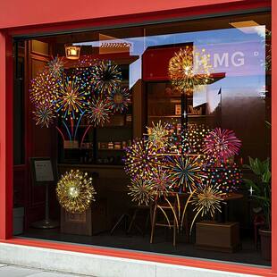 2026新年圣诞节卡通烟花装饰玻璃门贴纸店铺橱窗马年布置静电窗花