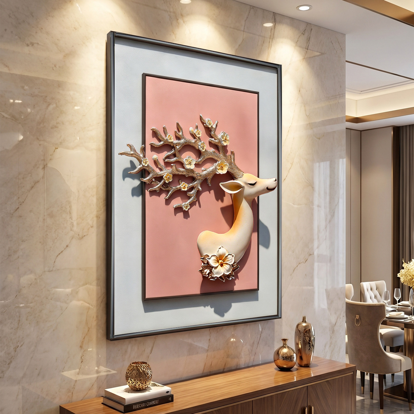 餐厅装饰画2026新款现代床头卧室挂画梅花鹿3d立体墙壁画玄关墙画