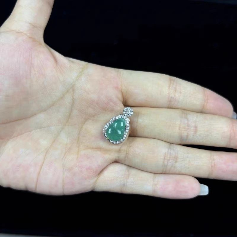 缅甸老坑A货翡翠玉葫芦挂件 冰糯种阳绿飘花玉石玉器镶银吊坠证书