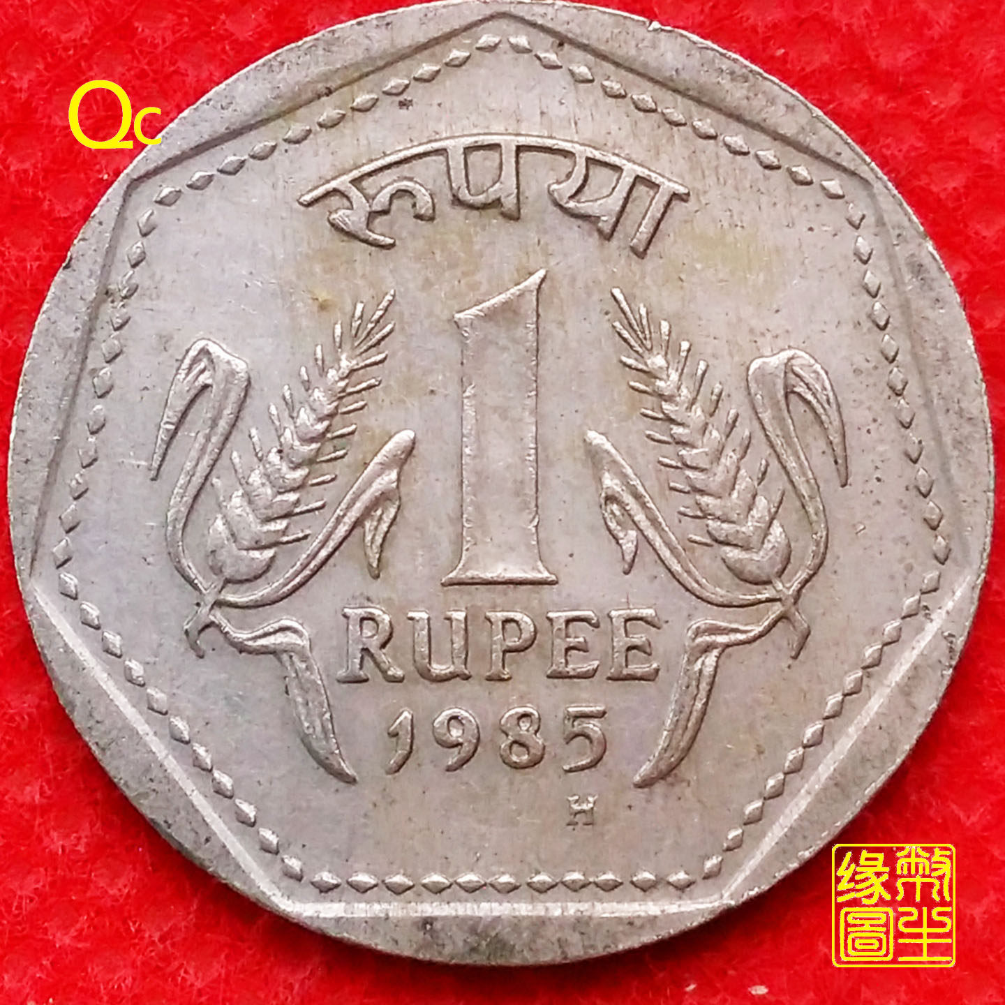 1985年印度1卢比镍铜硬币26mm狮子座双穗安全齿 h 真品外国钱币qc