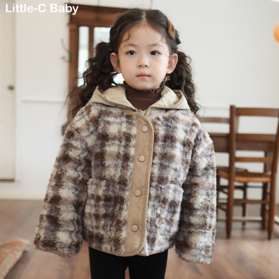 实用格子棉服两件套！韩国女童2025秋冬新款连帽加厚棉袄保暖