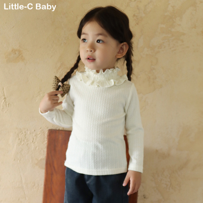 韩国女童2025秋冬新款宝宝半高领纯棉花边打底衫长袖内搭上衣