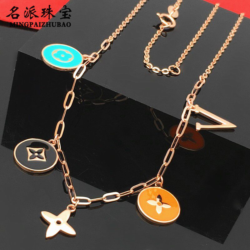 14k彩金项链俄罗斯585项链玫瑰金奢华女三彩字母款玫瑰金紫金套链