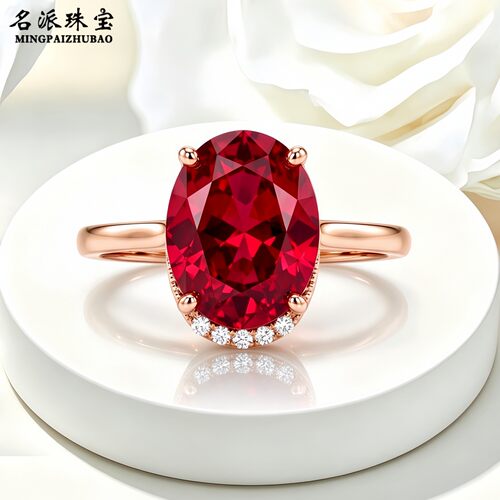 俄罗斯585彩金椭圆红宝石戒指女