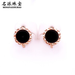 名派珠宝俄罗斯585紫金纯14k玫瑰金彩金喜爱福新品黑玛瑙圆饼耳扣