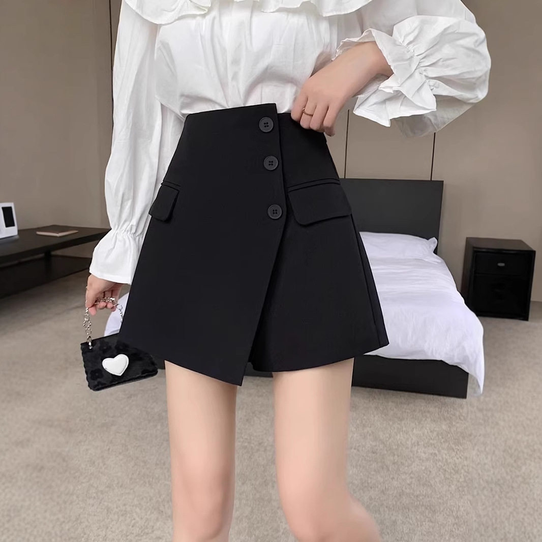 卡其色半身裙女胖mm黑色短裙显瘦a字裙遮肚子裤裙设计感西装裙裤