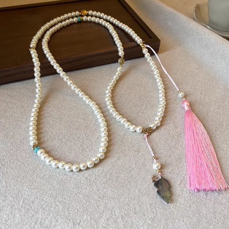 新中式国风珍珠流苏项链高级感复古气质长款斜挎毛衣链旗袍配饰