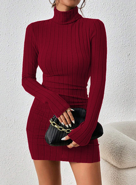 2026亚马逊跨境女装欧美御姐风酒红色连衣裙秋冬简约高领百搭短裙