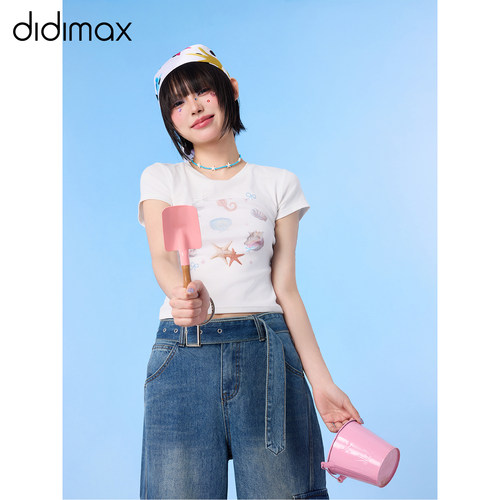 didimax夏季新款白色修身正肩短款短袖 印花小众T恤圆领X08680