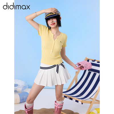 didimax夏季新款亨利领黄色针织衫短袖简约休闲上衣女装X28669