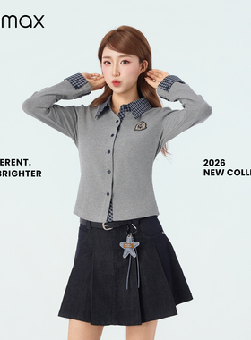 didimax春季新款学院风衬衫格子领口拼接修身小衫 上衣女C47270