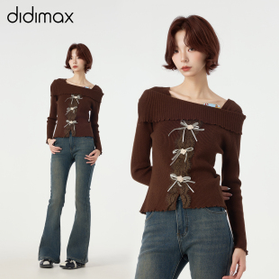 饰 didimax冬季 蕾丝边蝴蝶结装 棕色翻领针织衫 毛衣女W46801 新款
