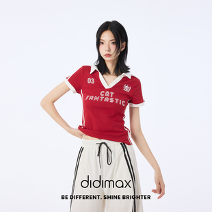 didimax夏季新款红色v领polo衫 收腰T恤运动风短袖女士X49858