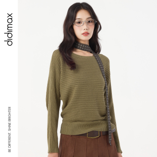 didimax秋季新款军绿色一字肩针织衫 百搭休闲毛衣宽松女Q20598