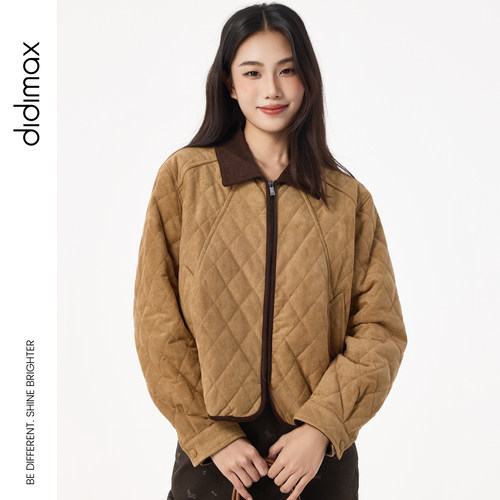 didimax冬季新款卡其色翻领短外套 复古菱格夹棉外套棉服W30965