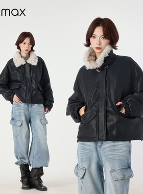 didimax冬季新款黑色pu皮衣外套毛绒翻领短夹克女复古保暖W36926