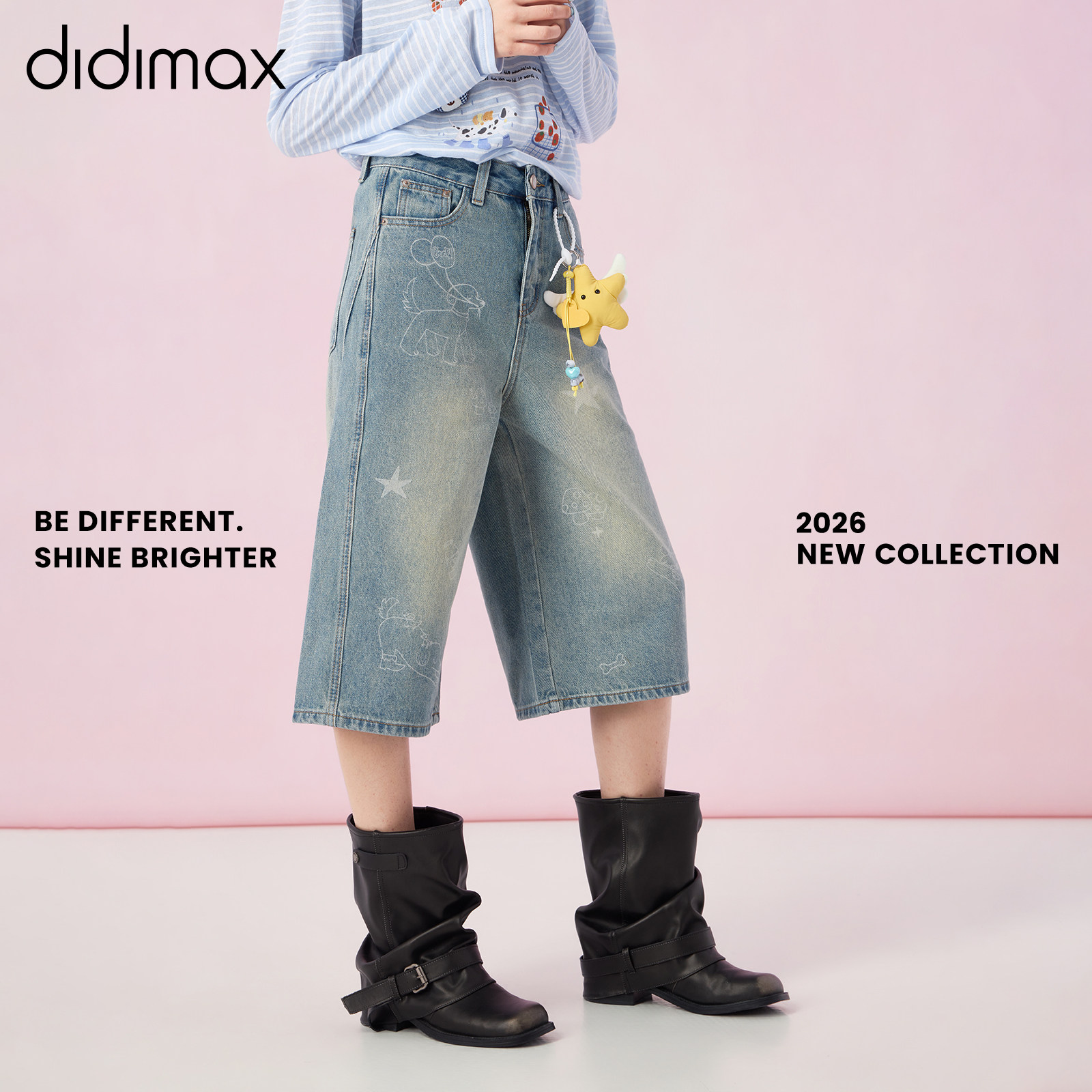 didimax春季新款休闲卡通印花七分裤 宽松牛仔裤 星星图案C57767