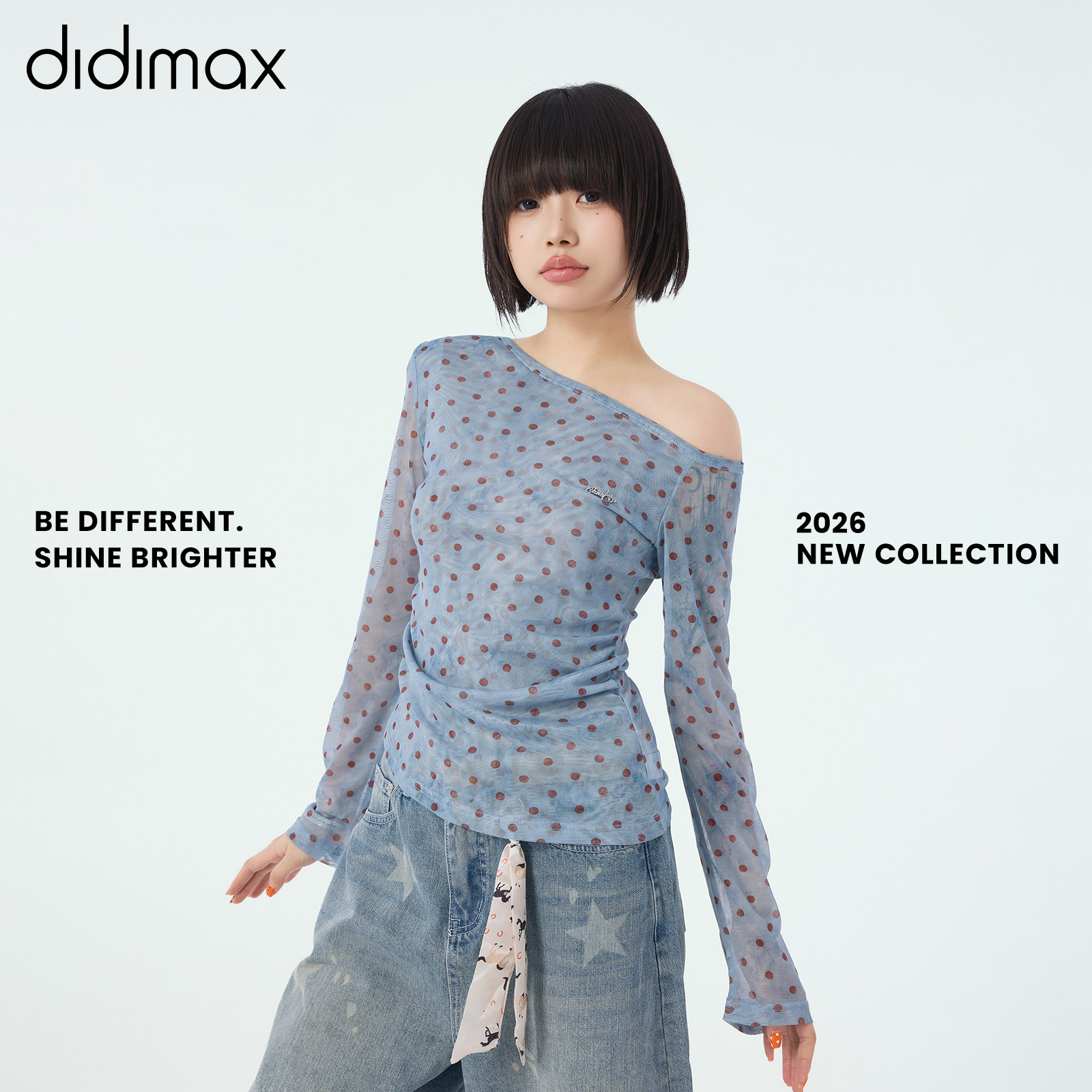 didimax夏季新款雪纺衫波点蕾丝衫 长袖网纱上衣露肩女X48121