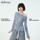 didimax夏季新款雪纺衫波点法式 长袖网纱上衣露肩女 透气X48121