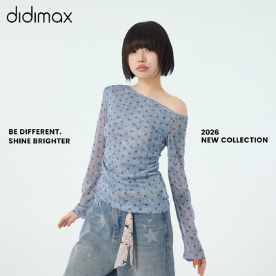 didimax夏季新款雪纺衫波点法式 长袖网纱上衣露肩女 透气X48121