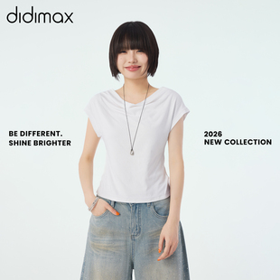 didimax夏季新款荡领正肩短袖T恤飞袖修身纯欲辣妹上衣X08329