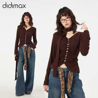 didimax冬季新款V领褶皱小衫 贝壳点缀女上衣 修身针织衫W46462