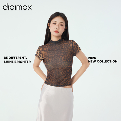 didimax夏季新款豹纹网纱衫修身短袖 复古半高领T恤高级感X48453