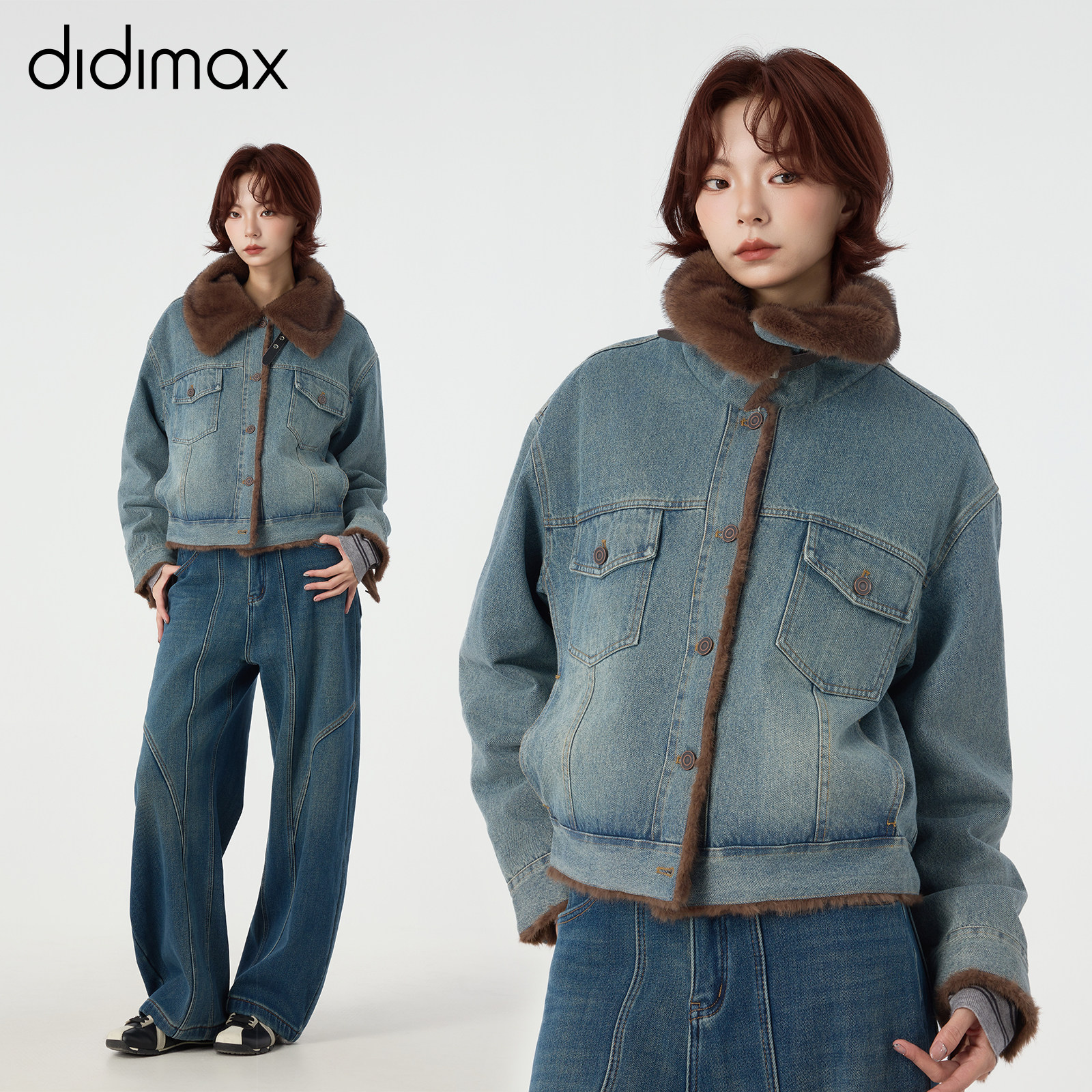 didimax冬季新款复古牛仔毛绒翻领外套 短款夹克女经典W36865,女装/女士精品,短外套,淘宝优惠券,粉丝福利购,淘宝优惠卷