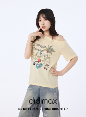 didimax夏季新款黄色斜肩短袖 甜美印花T恤 慵懒感上衣女X09181