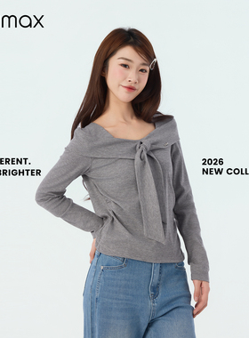 didimax春季新款套头灰色翻领一字肩上衣 毛针织衫女装C47605