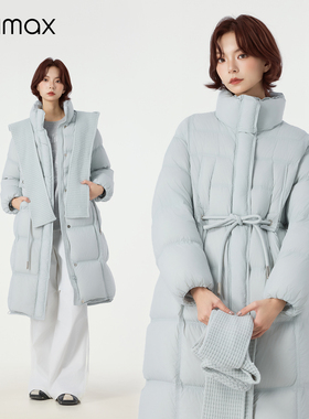 didimax冬季新款蓝色立领长款羽绒服 华夫格披肩帽子 收腰W36900