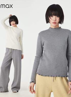 didimax冬季新款木耳边纯色打底衫半高领上衣 修身针织衫女W46612