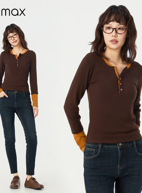 didimax冬季新款咖色修身小衫 拼色亨利领打底衫女 内搭W46392