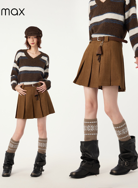 didimax冬季新款棕色百褶裙复古 女半身裙高腰A字裙百搭W65800