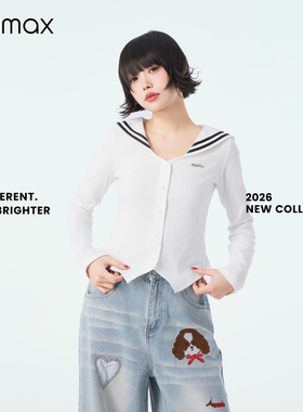 didimax春季新款白色海军领衬衫 经典黑色拼色学院风女上衣C47349