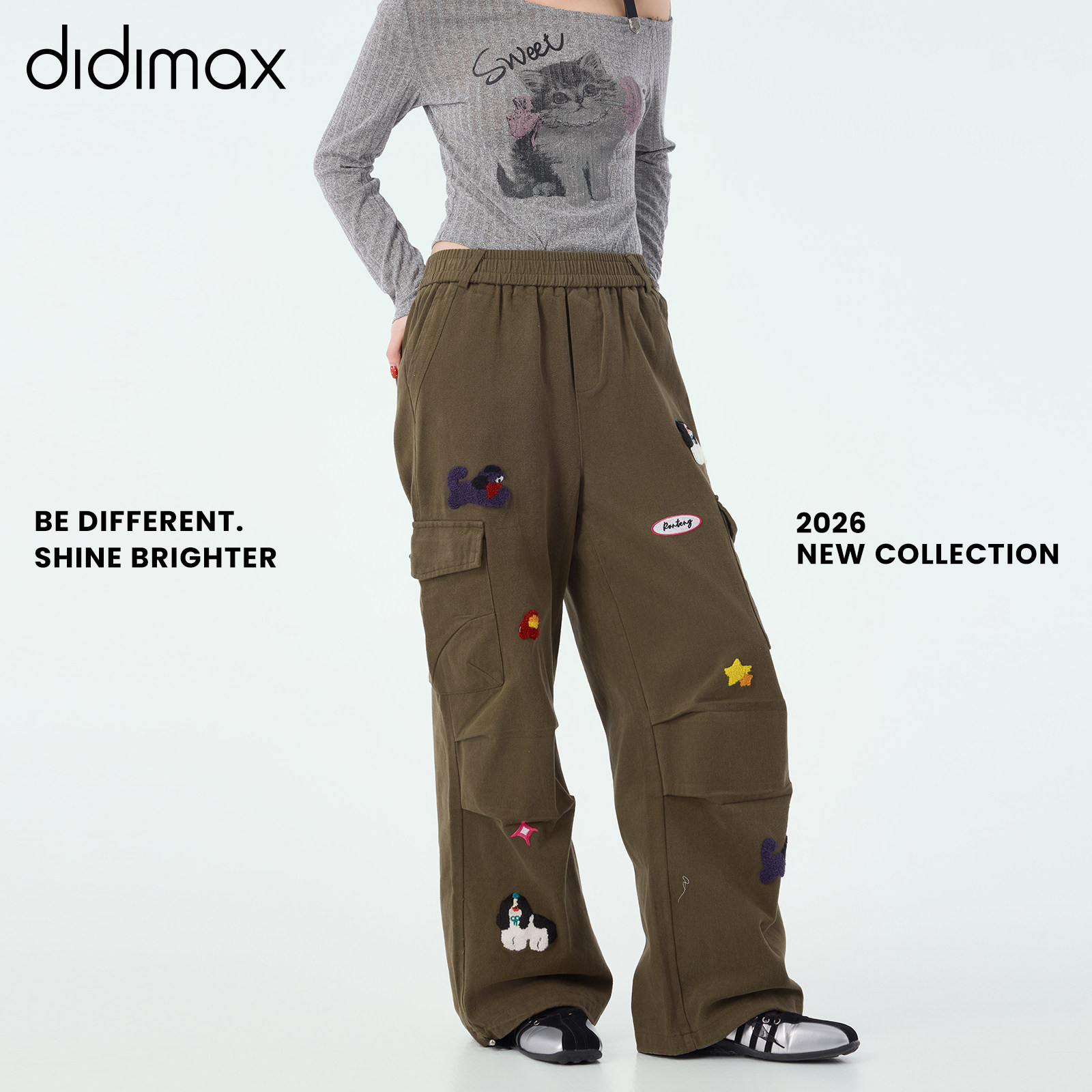 didimax春季新款斜纹军绿色伞兵裤 卡通满印松紧腰长裤女C57313,女装/女士精品,休闲裤,淘宝优惠券,粉丝福利购,淘宝优惠卷