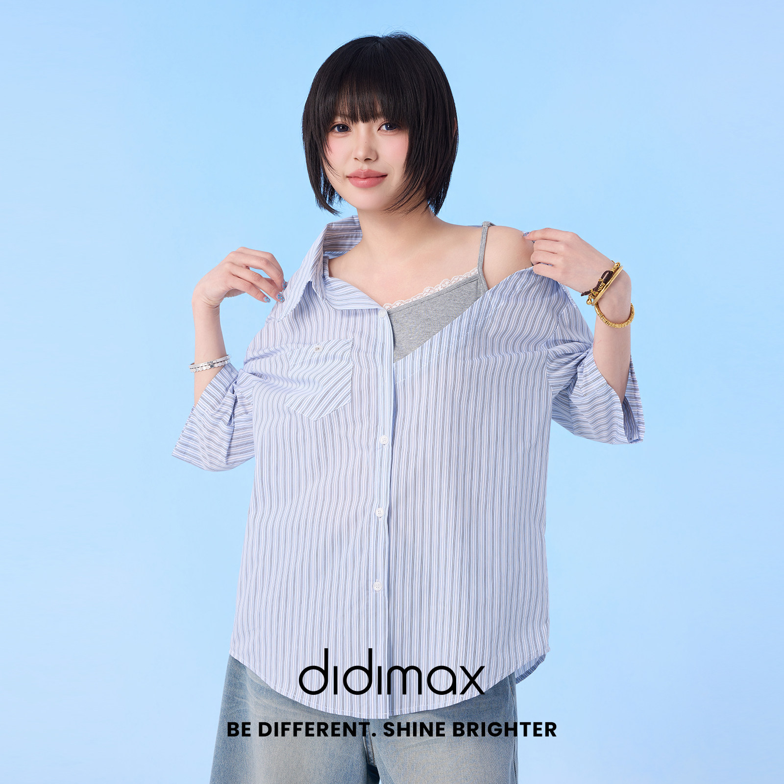 didimax夏季新款蓝色中袖衬衫假两件 斜肩蕾丝背心上衣X18666