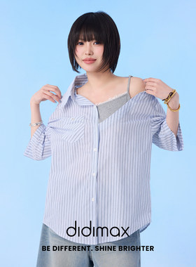 didimax夏季新款蓝色中袖衬衫假两件 斜肩蕾丝背心上衣X18666